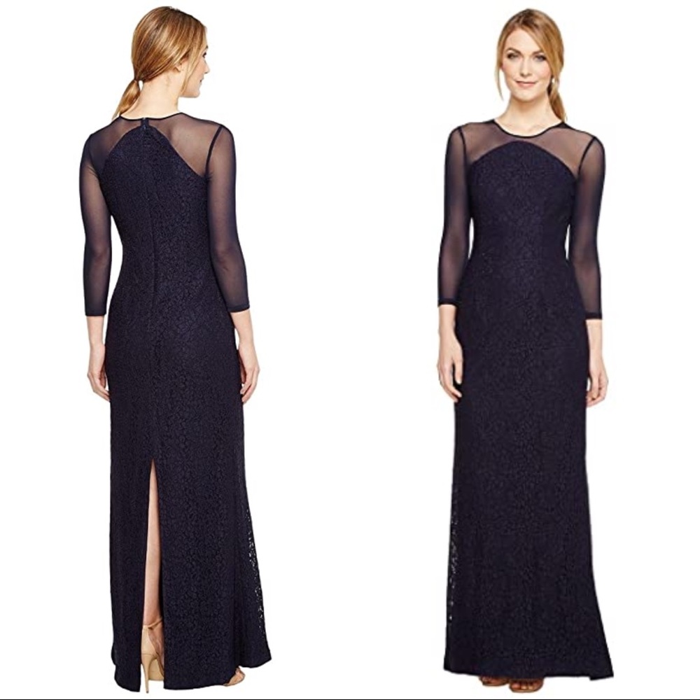 NWT Adrianna Papell Navy Blue Lace Modified Long Mermaid Formal Illusion Gown